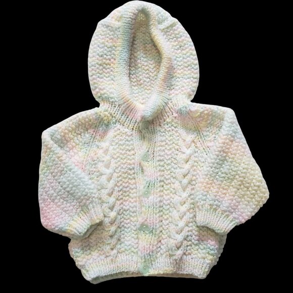 Handmade Knit/Crocheted Baby Sweater Hooded Buttons Pastels NEW - Picture 1 of 6